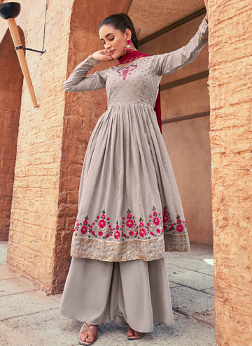 Superlative Georgette Multi Thread Work Grey Salwar Kameez